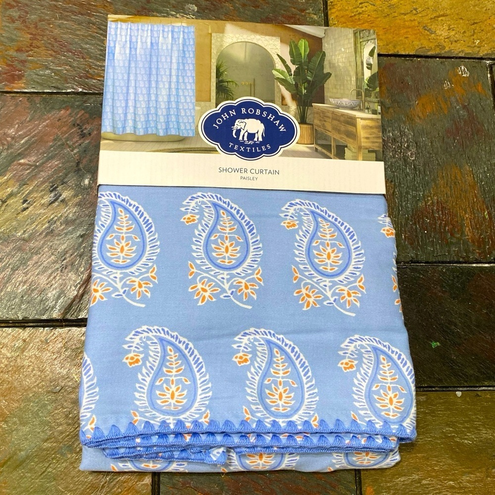 John Robshaw Textiles Paisley Luxury Embroidered Edge Blue Fabric Shower Curtain